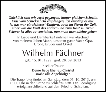 Traueranzeige von Wilhelm Fächner von Mitteldeutsche Zeitung Halle/Saalkreis