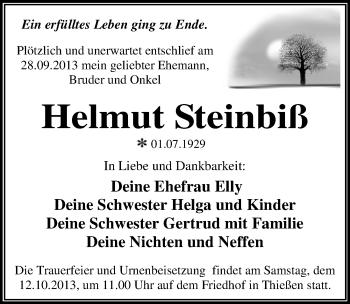 Traueranzeige von Helmut Steinbiß von Mitteldeutsche Zeitung Dessau-Roßlau