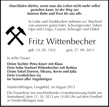 Traueranzeige von Fritz Wittenbecher von Mitteldeutsche Zeitung Sangerhausen