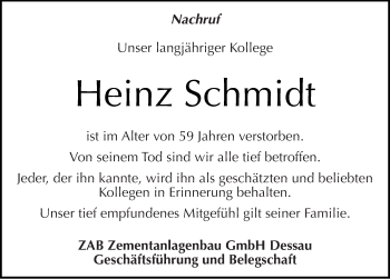 Traueranzeige von Heinz Schmidt von Mitteldeutsche Zeitung Dessau-Roßlau