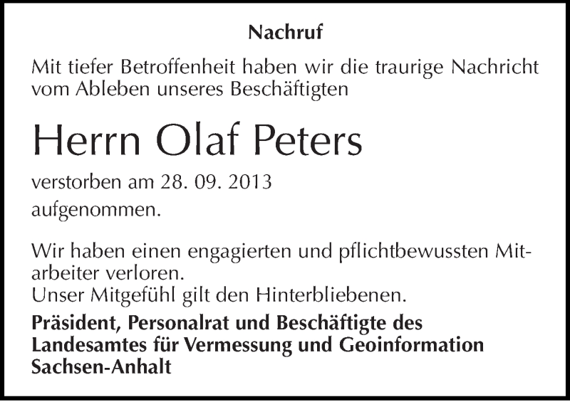  Traueranzeige für Olaf Peters vom 03.10.2013 aus Mitteldeutsche Zeitung Halle/Saalkreis