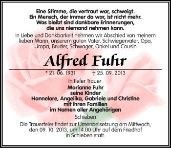 Traueranzeige von Alfred Fuhr von Mitteldeutsche Zeitung Naumburg/Nebra