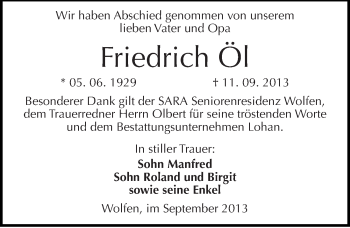 Traueranzeige von Friedrich Öl von Mitteldeutsche Zeitung Bitterfeld