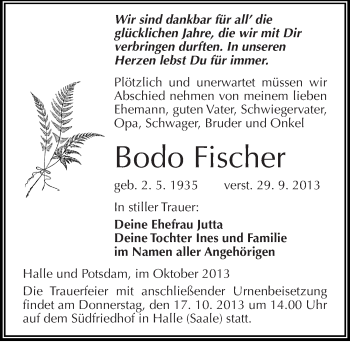 Traueranzeige von Bodo Fischer von Mitteldeutsche Zeitung Halle/Saalkreis