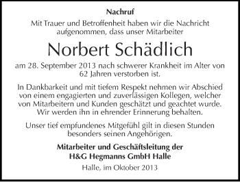 Traueranzeige von Norbert Schädlich von Mitteldeutsche Zeitung Halle/Saalkreis