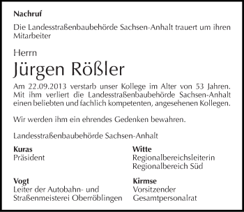 Traueranzeige von Jürgen Rößler von Mitteldeutsche Zeitung Sangerhausen