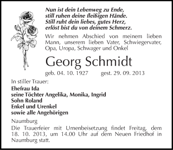 Traueranzeige von Georg Schmidt von Mitteldeutsche Zeitung Naumburg/Nebra