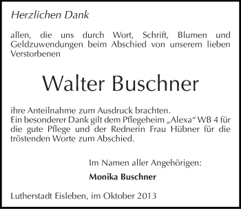 Traueranzeige von Walter Buscher von Mitteldeutsche Zeitung Mansfelder Land
