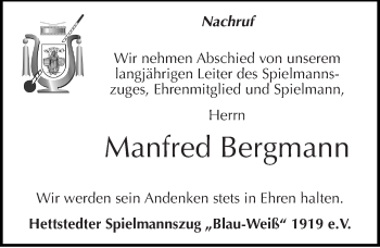 Traueranzeige von Manfred Bergmann von Mitteldeutsche Zeitung Mansfelder Land