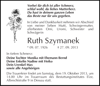 Traueranzeige von Ruth Szymanek von Mitteldeutsche Zeitung Dessau-Roßlau