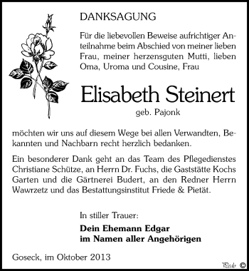 Traueranzeige von Elisabeth Steinert von Mitteldeutsche Zeitung Weißenfels