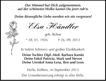 Traueranzeige von Elsa Händler von Mitteldeutsche Zeitung Halle/Saalkreis