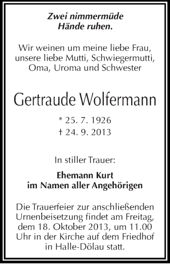 Traueranzeige von Gertraude Wolfermann von Mitteldeutsche Zeitung Halle/Saalkreis