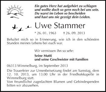 Traueranzeige von Uwe Stammer von Mitteldeutsche Zeitung Mansfelder Land