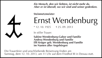 Traueranzeige von Ernst Wendenburg von Mitteldeutsche Zeitung Dessau-Roßlau