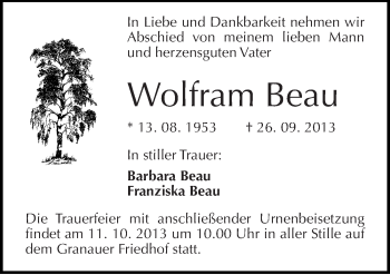 Traueranzeige von Wolfram Beau von Mitteldeutsche Zeitung Halle/Saalkreis