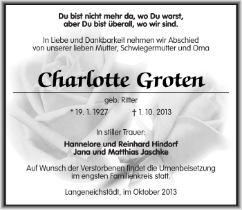Traueranzeige von Charlotte Groten von Mitteldeutsche Zeitung Merseburg/Querfurt