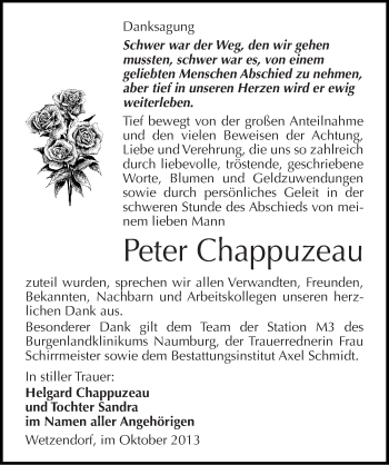 Traueranzeige von Peter Chappuzenau von Mitteldeutsche Zeitung Naumburg/Nebra