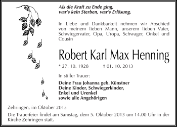 Traueranzeige von Robert Karl Max Henning von Mitteldeutsche Zeitung Köthen