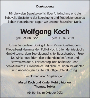 Traueranzeige von Wolfgang Koch von Mitteldeutsche Zeitung Naumburg/Nebra