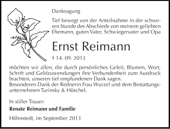 Traueranzeige von Ernst Reimann von Mitteldeutsche Zeitung Halle/Saalkreis