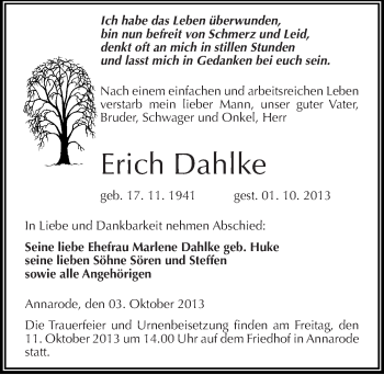 Traueranzeige von Erich Dahlke von Mitteldeutsche Zeitung Mansfelder Land