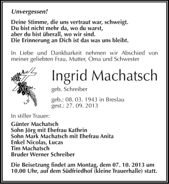 Traueranzeige von Ingried Machatsch von Mitteldeutsche Zeitung Halle/Saalkreis