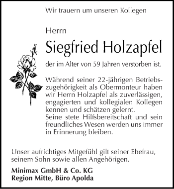 Traueranzeige von Siegfried Holzapfel von Mitteldeutsche Zeitung Merseburg/Querfurt
