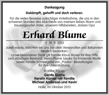Traueranzeige von Erhard Blume von Mitteldeutsche Zeitung Halle/Saalkreis