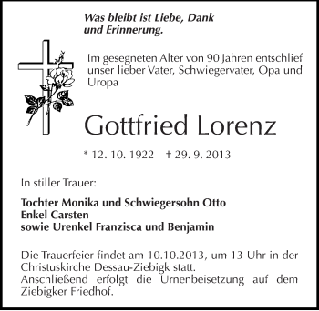 Traueranzeige von Gottfried Lorenz von Mitteldeutsche Zeitung Dessau-Roßlau
