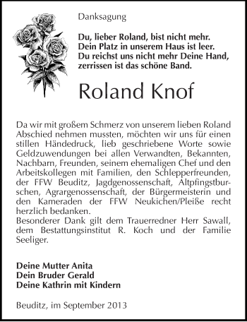 Traueranzeige von Roland Knof von Mitteldeutsche Zeitung Naumburg/Nebra
