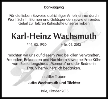 Traueranzeige von Karl-Heinz Wachsmuth von Mitteldeutsche Zeitung Halle/Saalkreis