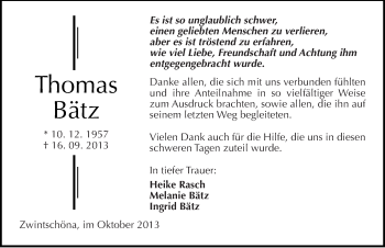 Traueranzeige von Thomas Bätz von Mitteldeutsche Zeitung Halle/Saalkreis