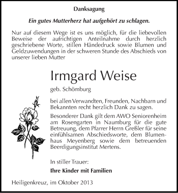 Traueranzeige von Irmgard Weise von Mitteldeutsche Zeitung Naumburg/Nebra