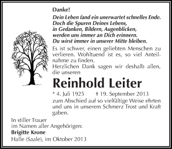Traueranzeige von Reinhold Leiter von Mitteldeutsche Zeitung Halle/Saalkreis