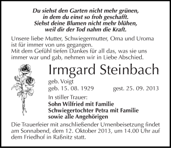 Traueranzeige von Irmgard Steinbach von Mitteldeutsche Zeitung Merseburg/Querfurt