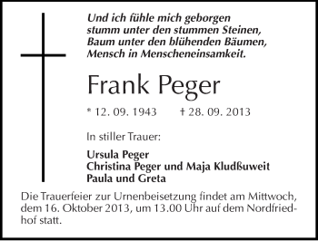 Traueranzeige von Frank Peger von Mitteldeutsche Zeitung Halle/Saalkreis