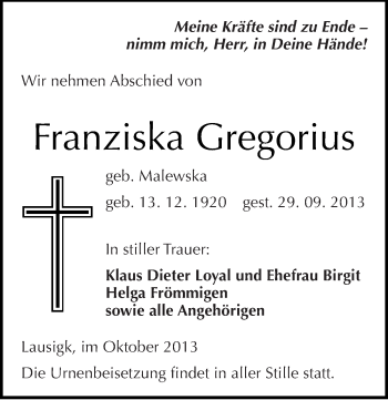 Traueranzeige von Franziska Gregorius von Mitteldeutsche Zeitung Köthen