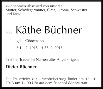 Traueranzeige von Käthe Büchner von Mitteldeutsche Zeitung Aschersleben
