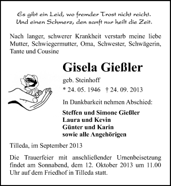 Traueranzeige von Gisela Gießler von Mitteldeutsche Zeitung Sangerhausen