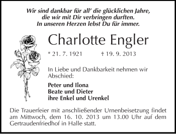 Traueranzeige von Charlotte Engler von Mitteldeutsche Zeitung Halle/Saalkreis