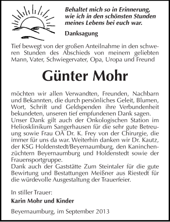 Traueranzeige von Günter Mohr von Mitteldeutsche Zeitung Sangerhausen