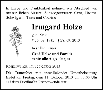 Traueranzeige von Irmgard Holze von Mitteldeutsche Zeitung Sangerhausen
