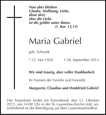 Traueranzeige von Maria Gabriel von Mitteldeutsche Zeitung Halle/Saalkreis