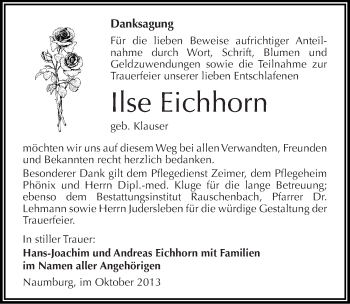 Traueranzeige von Ilse Eichhorn von Mitteldeutsche Zeitung Naumburg/Nebra