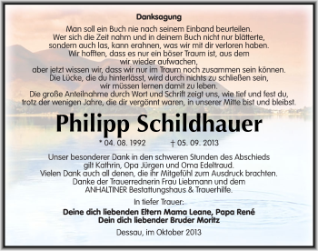 Traueranzeige von Philipp Schildhauer von Mitteldeutsche Zeitung Dessau-Roßlau