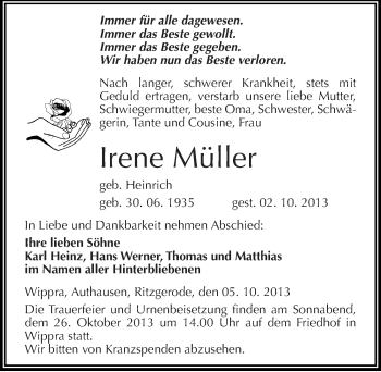 Traueranzeige von Irene Müller von Mitteldeutsche Zeitung Mansfelder Land