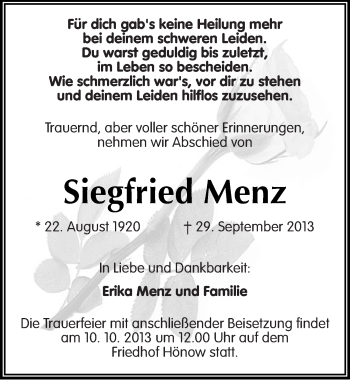 Traueranzeige von Siegfried Menz von Mitteldeutsche Zeitung