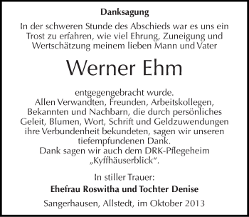 Traueranzeige von Werner Ehm von Mitteldeutsche Zeitung Sangerhausen