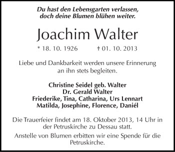 Traueranzeige von Joachim Walter von Mitteldeutsche Zeitung Dessau-Roßlau